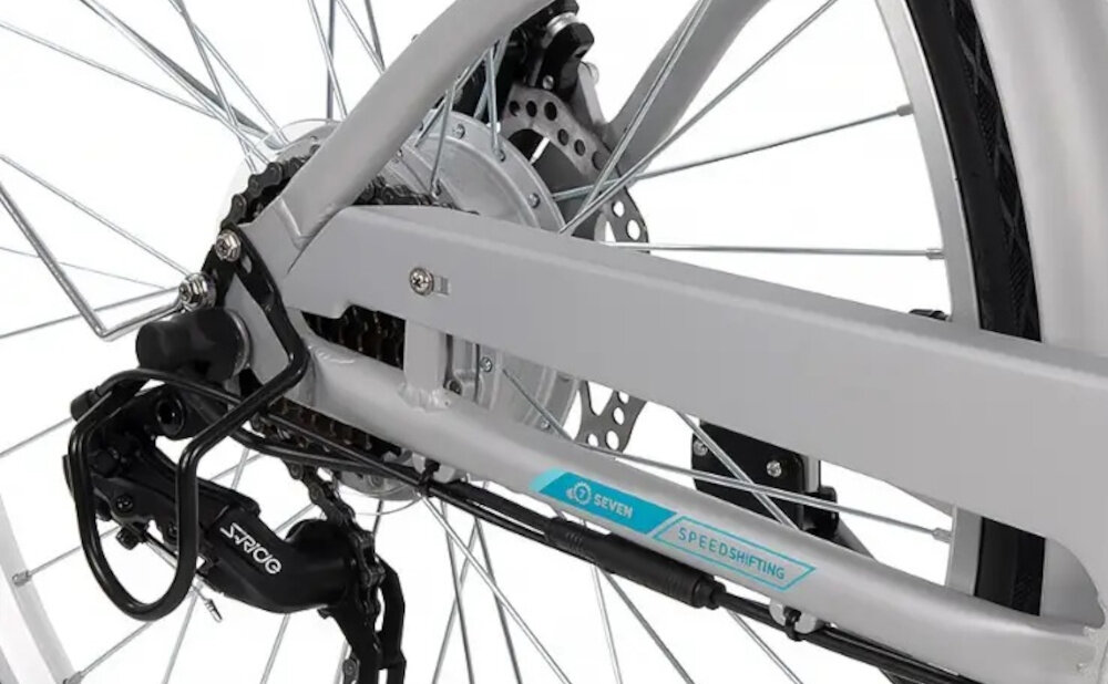 Rower elektryczny HUFFY Everett Plus 27.5 cala Srebrny naped elektryczny o wysokiej wydajnosci silnik bezszczotkowy moc 250 W w tylnej piascie niewidoczny cicha praca