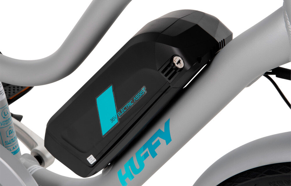 Rower elektryczny HUFFY Everett Plus 27.5 cala Srebrny bateria litowo-jonowa 36 V pojemnosc 7,8 Ah na ramie do 600 ladowan maksymalny zasieg do 50 km czas ladownia okolo 3-4 godzin uruchamiana za pomoca kluczyka