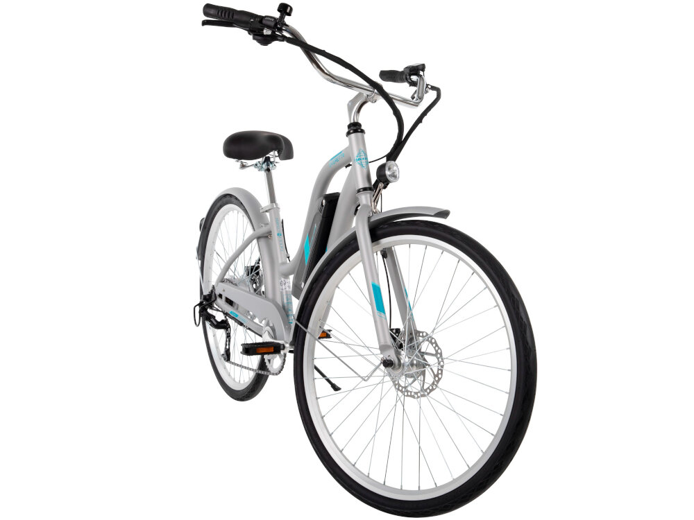 Rower elektryczny HUFFY Everett Plus 27.5 cala Srebrny kola duze 26-calowe opony renomowanej marki KENDA odpowiednia przyczepnosc gruby bieznik aluminiowe obrecze zachowanie regularnego ksztaltu kol stabilne trzymanie opony bezpieczna komfortowa jazda blotniki regularne sprawdzanie ciśnienia powietrza wartość na bocznej części opony