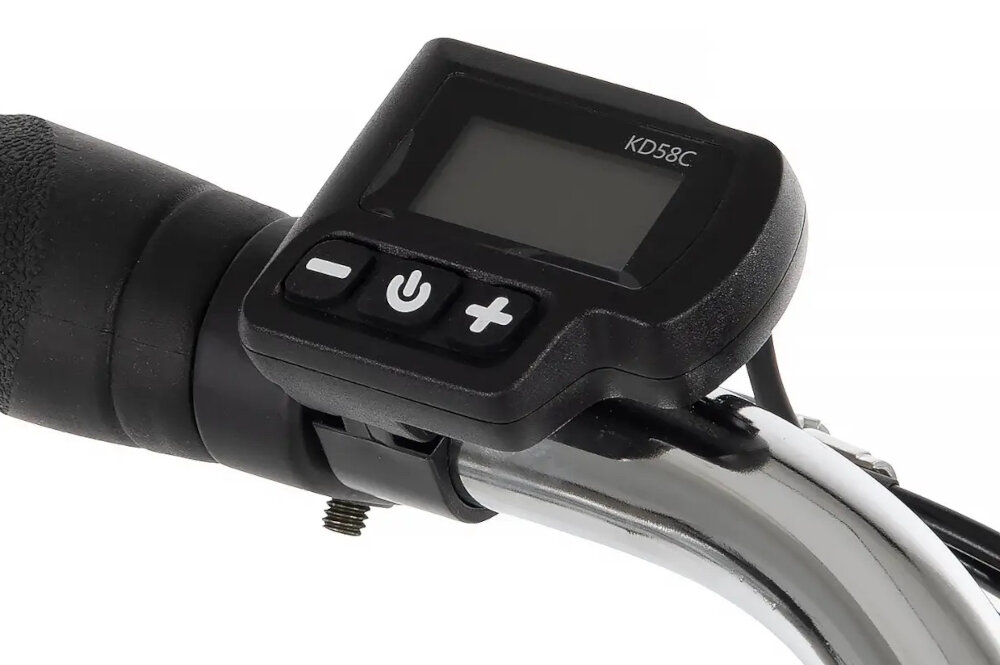 Rower elektryczny HUFFY Everett Plus 27.5 cala Srebrny stalowa kierownica typu City antyposlizgowy material dzwonek wswietlacz LCD system zabezpieczen kod PIN dodatkowe zabezpieczenie przed kradzieza