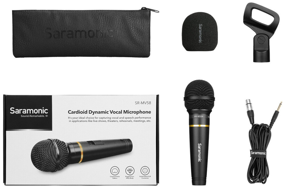 Mikrofon SARAMONIC SR-MV58 XLR (żeński) / Jack 6,35 mm (męski), uchwyt mikrofonowy z adapterem gwintu 5/8 na 3/8