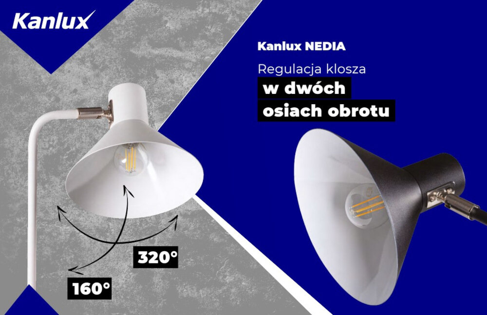 Lampka stołowa KANLUX Nedia E14 W Biały swobodna regulacja kierunku strumienia swiatla dwa zakresy regulacji klosza w zakresie horyzontalnym o 320 stopni w zakresie wertykalnym o 160 stopni