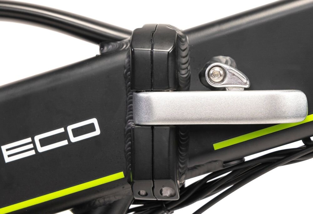 Składany rower elektryczny Motus ECO pokazuje mechanizm składania ramy w zbliżeniu na jasnym tle produktowym.