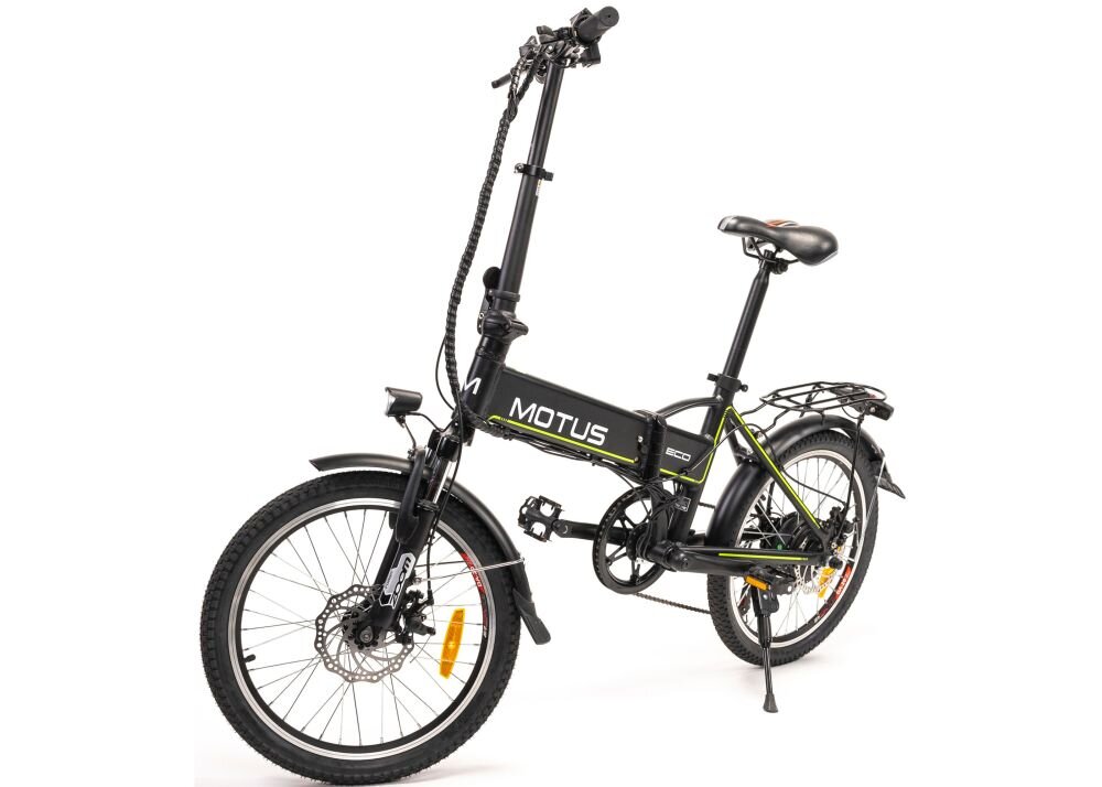Składany rower elektryczny Motus ECO prezentuje czarną ramę, bagażnik i amortyzowany widelec na jasnym tle produktowym.