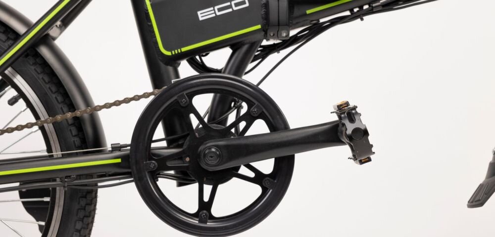 Składany rower elektryczny Motus ECO prezentuje mechanizm korbowy, pedał i osłonę łańcucha w zbliżeniu na jasnym tle produktowym.