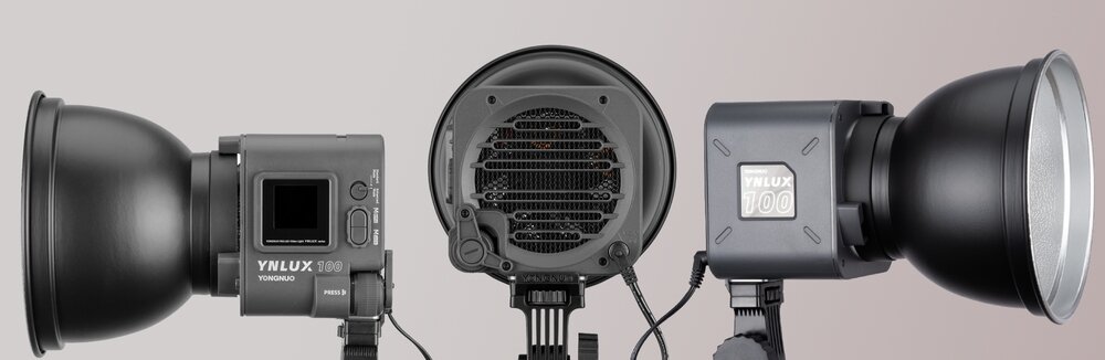 Lampa LUX100 Kit widoczna w trzech rzutach 12 efektów świetlnych Tryby (9 dla białego światła, 12 w wariancie bi-color)