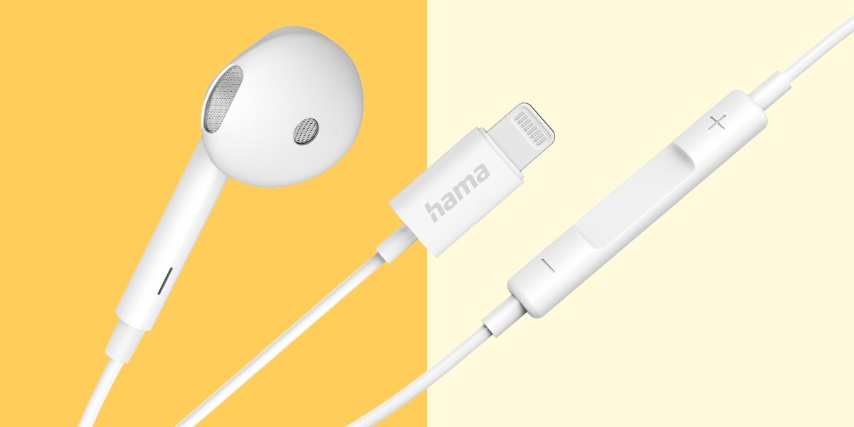 Słuchawki douszne HAMA Glow Biały Białe słuchawki douszne marki Hama ze złączem Lightning oraz pilotem sterującym głośnością na kablu.