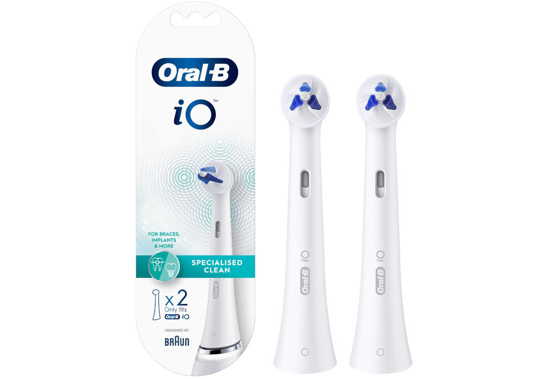 Oryginalna końcówka szczoteczki ORAL-B iO Specialized Clean Biały (2 szt.) (Dla osób noszących aparaty ortodontyczne) wygląd design prezentacja wizualizacja Skuteczna pielęgnacja jamy ustnej