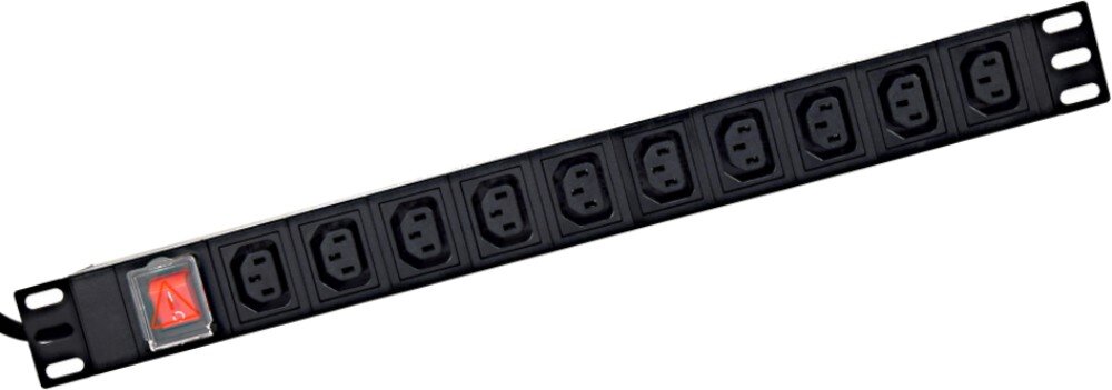 Listwa ENERGENIE EG-PDU-10C132C19 Czarna listwa zasilająca przeznaczona do montażu w szafach rakowych, wyposażona w dziesięć gniazd typu C13 oraz czerwony przełącznik z przezroczystą osłoną zabezpieczającą