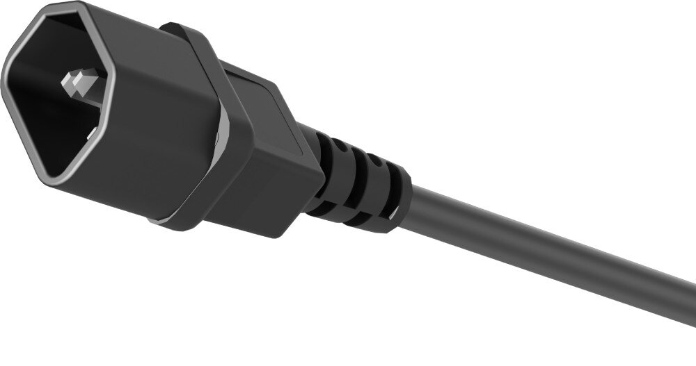 Listwa ENERGENIE EG-PDU-10C132C19 Zbliżenie na czarny męski wtyk zasilający typu C20 z trzema bolcami umieszczony na końcu przewodu