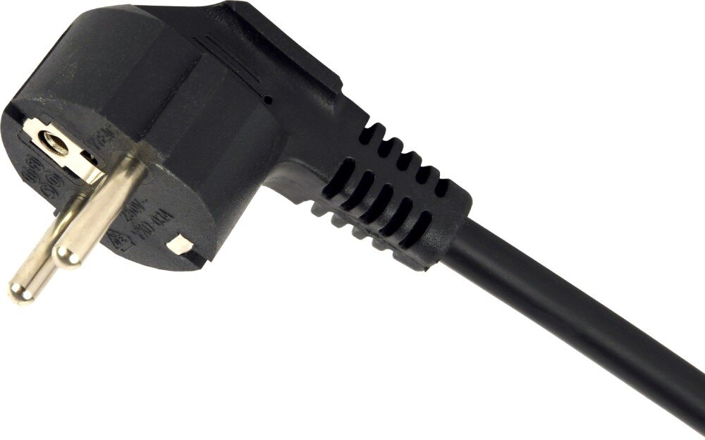 Listwa ENERGENIE EG-PDU-9F2F Czarna kątowa wtyczka zasilająca z dwoma metalowymi bolcami i otworem na uziemienie, zamocowana na czarnym przewodzie z elastycznym wzmocnieniem