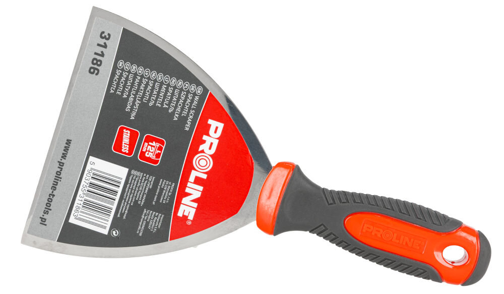 Szpachla do gipsu PROLINE 31186 125 mm, Precyzja i wygoda w dłoni, Szpachelka zaprezentowana z naklejką producencką