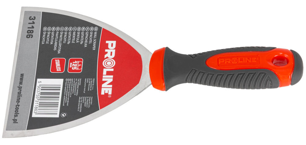 Szpachla do gipsu PROLINE 31186 125 mm, Stal, która gładko sunie, Szpachelka zaprezentowana z naklejką producencką