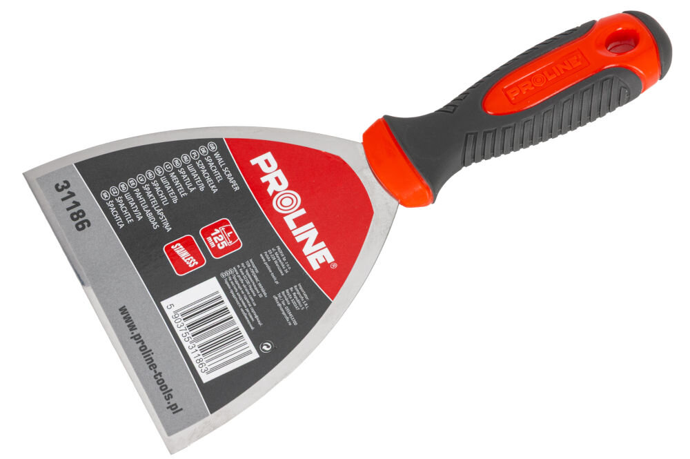Szpachla do gipsu PROLINE 31186 125 mm, Uchwyt TPR – komfort pracy, Szpachelka zaprezentowana z naklejką producencką
