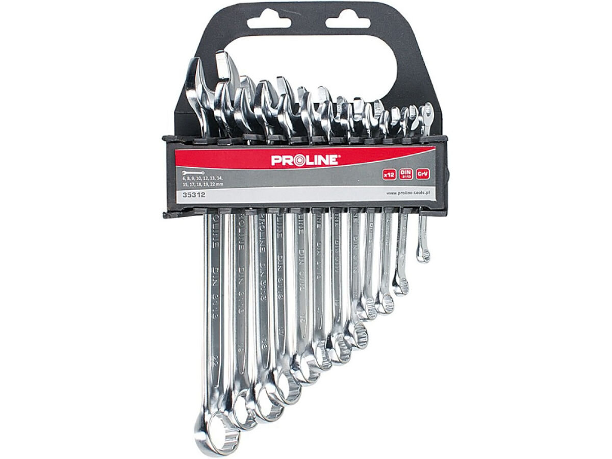 Zestaw kluczy płasko-oczkowych PROLINE 35312 6-22 mm (12 sztuk), naprawa, oznaczone, ułatwienie, odnajdywanie, na białym tle zestaw kluczy frontem na wprost