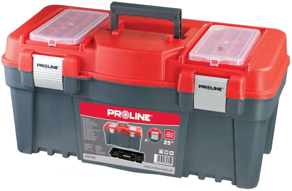 Plastikowa skrzynka narzędziowa z aluminiowymi zaczepami, ergonomiczną rękojeścią, dwoma organizerami i wyjmowaną tacką