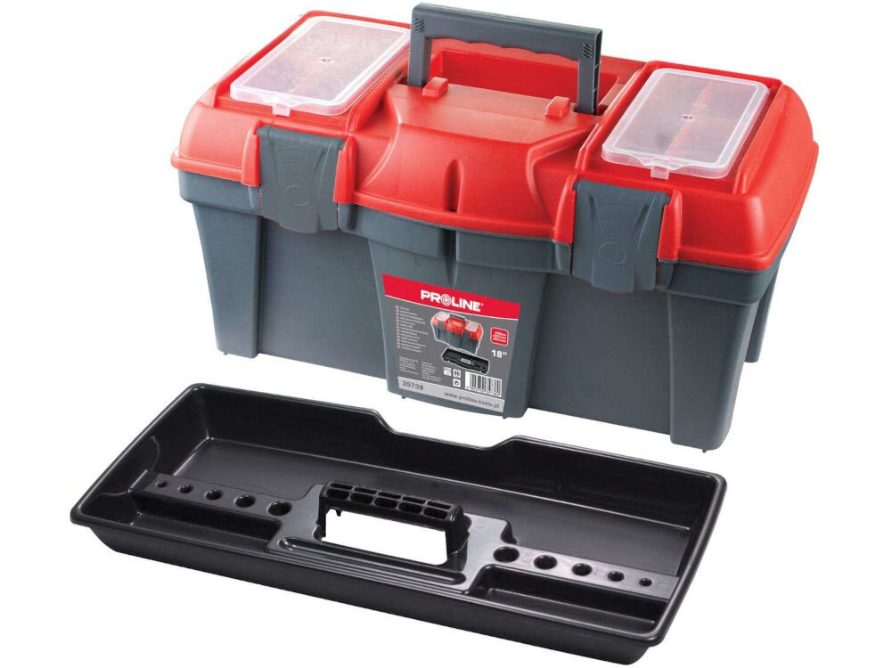 Skrzynka narzędziowa Proline 3571 - duża i wytrzymała organizacja narzędzi - przodem widoczne czerwone klamry