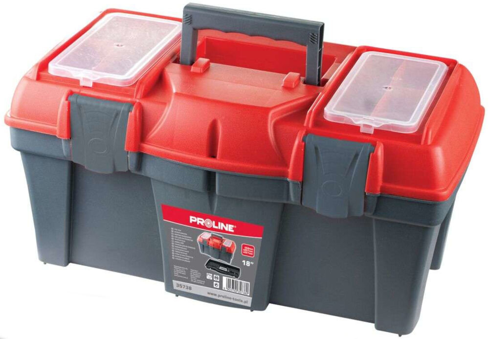 Plastikowa skrzynka narzędziowa z aluminiowymi zaczepami, ergonomiczną rękojeścią, dwoma organizerami i wyjmowaną tacką