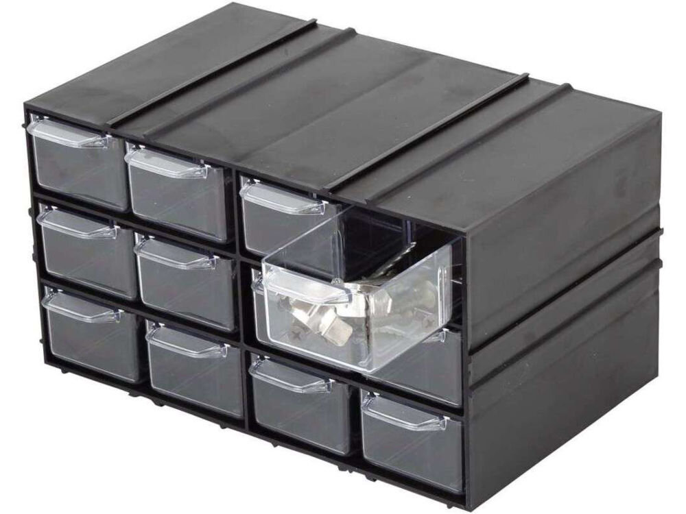 Szafka plastikowa PROFIX 35806 z jedną wyyniętą szufladką w niej śrubki nakrętki