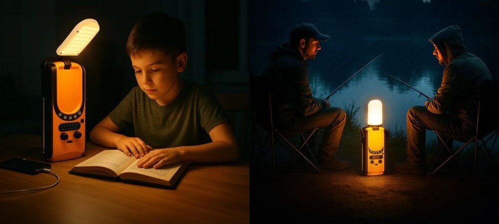 Radio EXTRALINK EPS-6000 panel solarny generator korbowy zasilanie awaryjne, dzieko ucvzące się przy świetle radia, osoby łowiące ryby