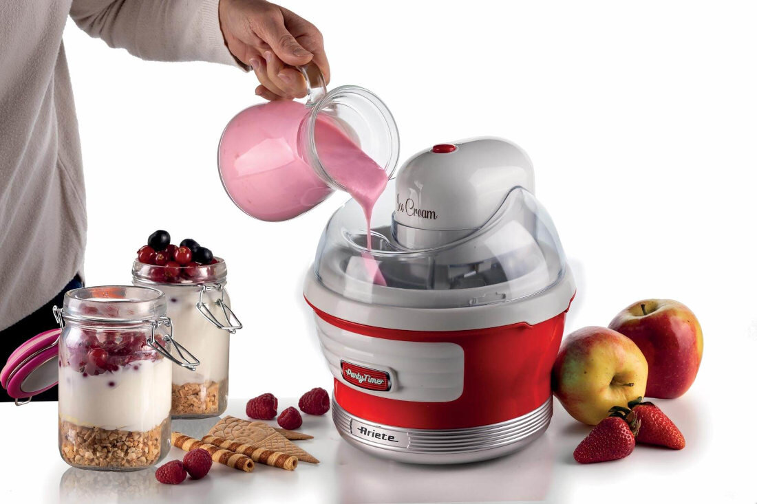 Maszynka do lodów ARIETE 643/00 Gelato Party Time Aluminiowy zbiornik podwójna izolacja średnica pojemność płyn chłodzący desery