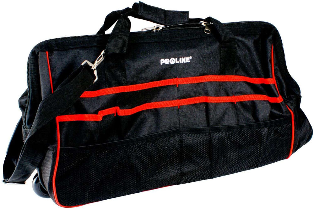 Torba na narzędzia PROLINE 62151 66L duża pojemność 610x270x400 mm mocny poliester 600D suwak - na stole roboczym w garażu