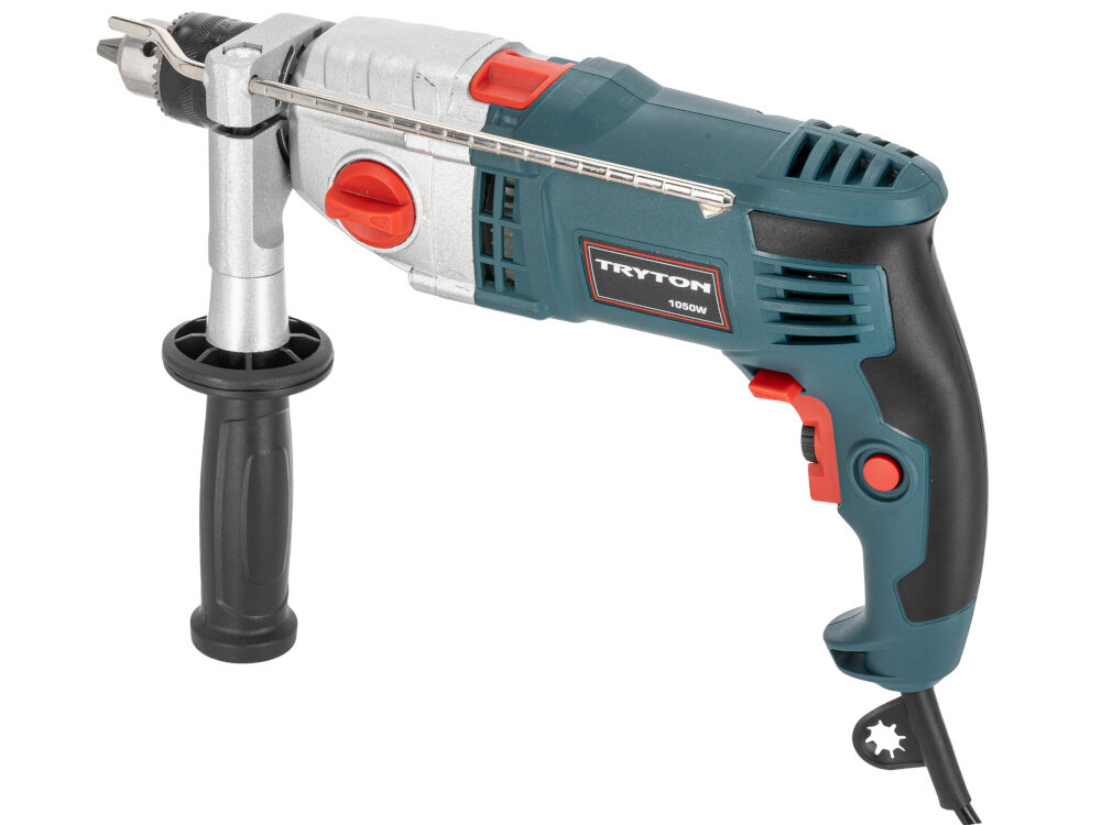 Wiertarka udarowa TRYTON TDW1050A wiertarka na białym tle widoczna od tyłu pod lekkim skosem łożyska toczne redukują tarcie i zużycie elementów ruchomych trwałość urządzenia wiertarka pracuje płynnie i stabilnie użytkownik odczuwa mniejsze wibracje poziom wibracji w pracy z udarem prędkość do 9,603 m/s2
