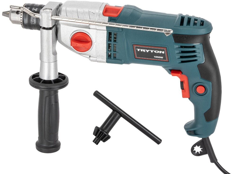 Wiertarka udarowa TRYTON TDW1050A zestaw na białym tle w zestawie wiertarka ogranicznik głębokości wiercenia uchwyt dodatkowy klucz do uchwytu wiertarskiego dokumentacja