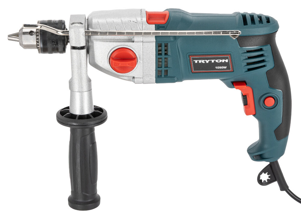 Wiertarka udarowa TRYTON TDW1050A wiertarka na białym tle widoczna z boku funkcji zmiany kierunku obrotu możne obracać się w prawo i w lewo ułatwia to prace montażowe i serwisowe uniwersalność urządzenia