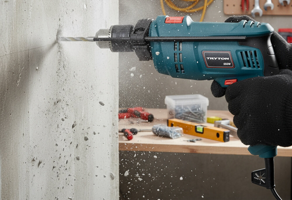 Wiertarka udarowa TRYTON TDW550A warsztat betonowa ściana osoba trzyma wiertarkę w dłoni wierci otwór w ścianie w tle blat roboczy z narzędziami precyzyjna praca wszechstronne zastosowanie dokładność