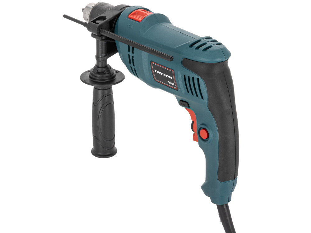 Wiertarka udarowa TRYTON TDW550A wiertarka na białym tle widoczna od tyłu pod lekkim skosem łożyska toczne redukują tarcie i zużycie elementów ruchomych trwałość urządzenia wiertarka pracuje płynnie i stabilnie użytkownik odczuwa mniejsze wibracje poziom wibracji w pracy z udarem prędkość do 8 m/s2