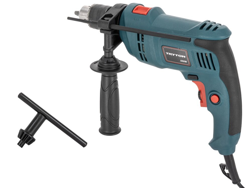 Wiertarka udarowa TRYTON TDW550A zestaw na białym tle w zestawie wiertarka ogranicznik głębokości wiercenia uchwyt dodatkowy klucz do uchwytu wiertarskiego dokumentacja