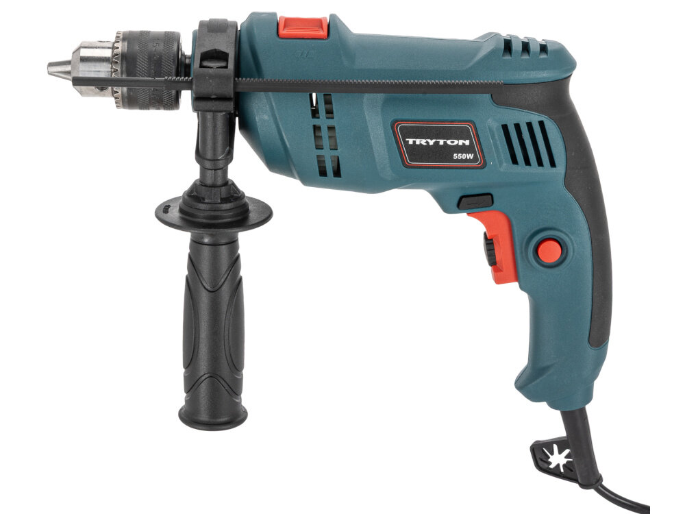 Wiertarka udarowa TRYTON TDW550A wiertarka na białym tle widoczna z boku funkcji zmiany kierunku obrotu możne obracać się w prawo i w lewo ułatwia to prace montażowe i serwisowe uniwersalność urządzenia