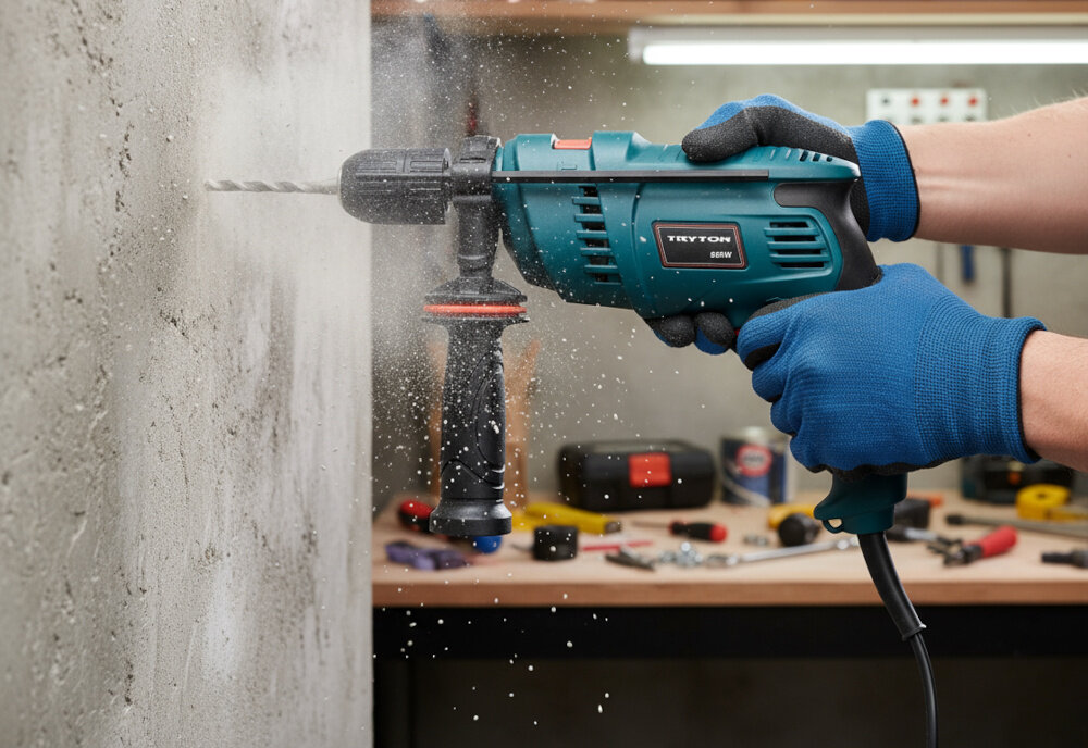 Wiertarka udarowa TRYTON TDW900A warsztat betonowa ściana osoba trzyma wiertarkę w dłoni wierci otwór w ścianie w tle blat roboczy z narzędziami precyzyjna praca wszechstronne zastosowanie dokładność