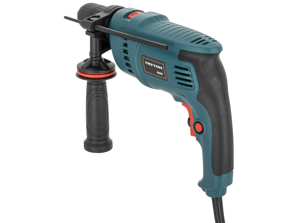 Wiertarka udarowa TRYTON TDW900A wiertarka na białym tle widoczna od tyłu pod lekkim skosem łożyska toczne redukują tarcie i zużycie elementów ruchomych trwałość urządzenia wiertarka pracuje płynnie i stabilnie użytkownik odczuwa mniejsze wibracje poziom wibracji w pracy z udarem prędkość do 8 m/s2