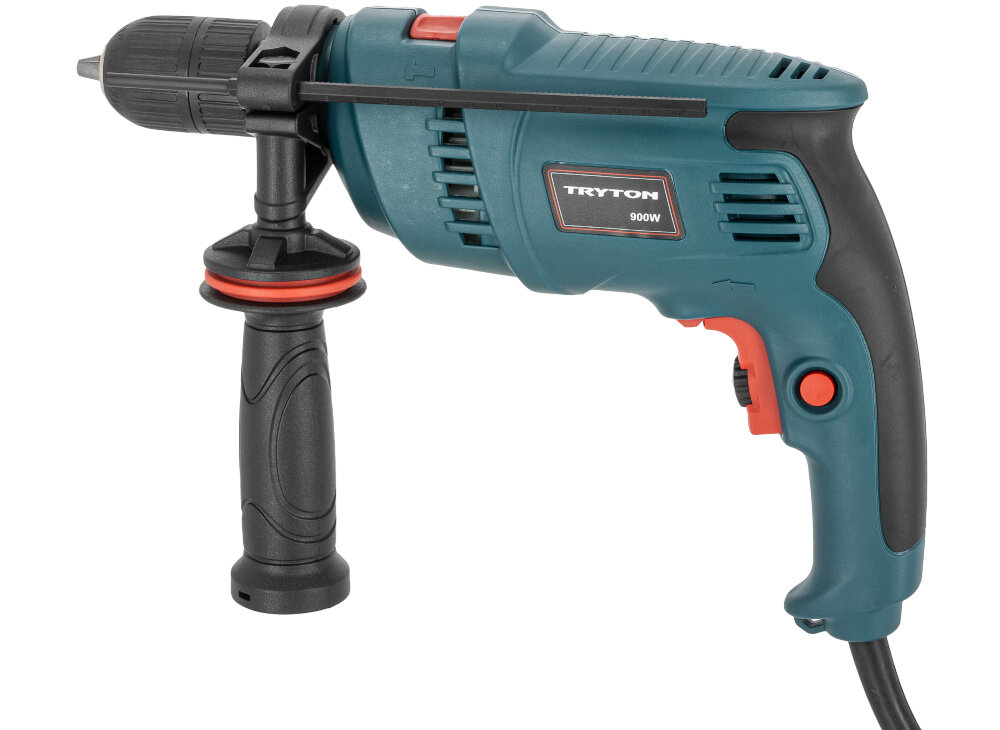 Wiertarka udarowa TRYTON TDW900A wiertarka na białym tle widoczna z boku funkcji zmiany kierunku obrotu możne obracać się w prawo i w lewo ułatwia to prace montażowe i serwisowe uniwersalność urządzenia