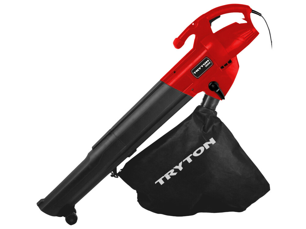 Dmuchawa do liści TRYTON TOE3000 elektryczna dmuchawa z workiem na białym tle widoczna z boku efektywne utrzymanie porządku dmuchawa odkurzacz z funkcją rozdrabniania mniej czasu poświęconego na porządki i większa wygoda użytkownika
