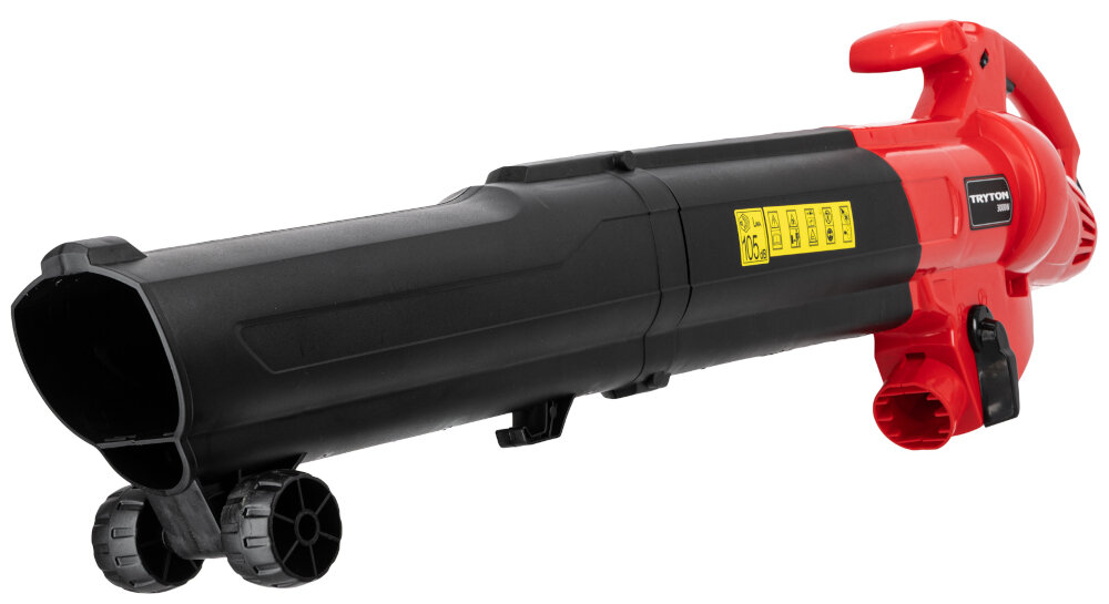 Dmuchawa do liści TRYTON TOE3000 elektryczna dmuchawa bez worka na białym tle widoczna od przodu pod skosem mechanizm pozwalający na płynną regulację prędkości obrotowej w zakresie 8000–14000 obr./min dopasowanie mocy do aktualnych potrzeb zwiększa komfort pracy i umożliwia precyzyjne porządkowanie