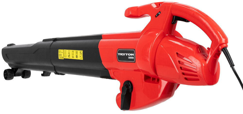 Dmuchawa do liści TRYTON TOE3000 elektryczna dmuchawa na białym tle widoczna od tyłu pod skosem funkcja dmuchawy wysokiej prędkości powietrza silnik elektryczny o mocy 3000 W stabilna moc równomierny przepływ powietrza praca w trybie dmuchawy i odkurzacza dokładna wydajna