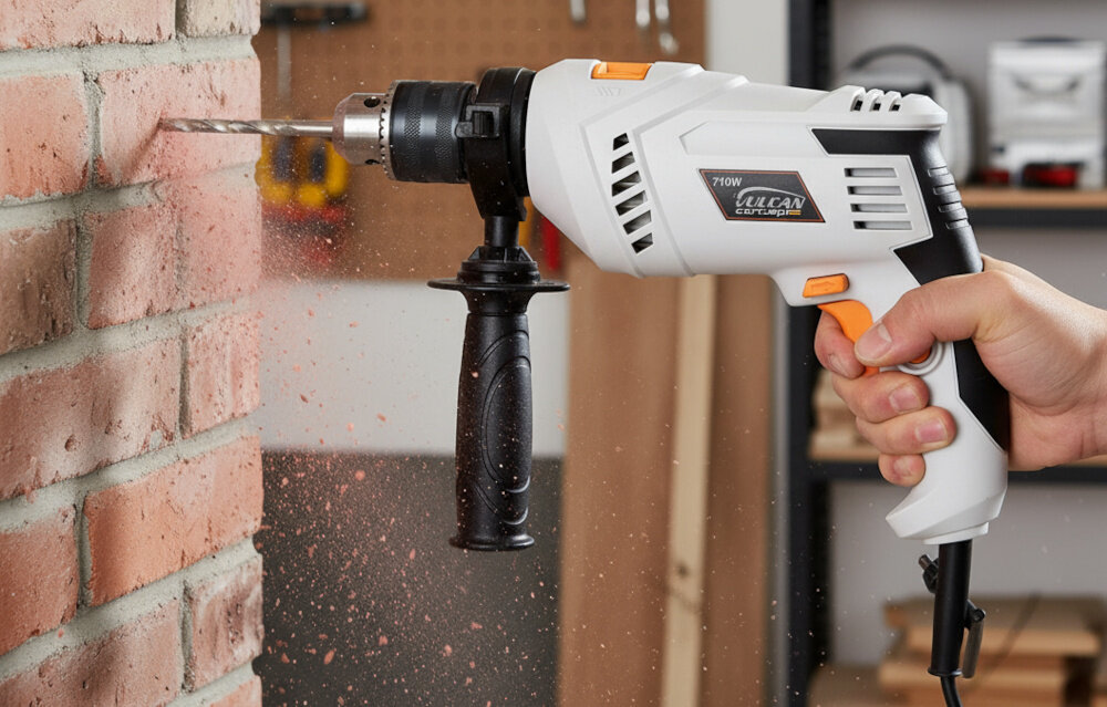 Wiertarka udarowa VULCAN CONCEPT VZW711 warsztat ceglana ściana osoba trzyma wiertarkę w dłoni wierci otwór w ścianie w tle blat roboczy z narzędziami precyzyjna praca wszechstronne zastosowanie dokładność