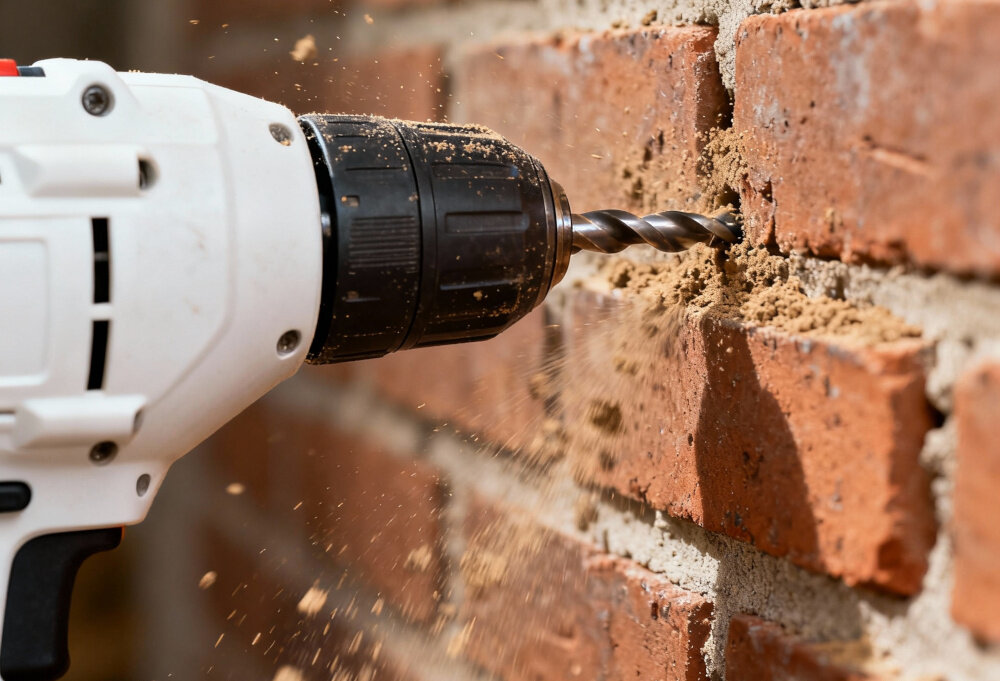 Wiertarka udarowa VULCAN CONCEPT VZW711 ceglana ściana osoba wierci otwór w ścianie pod lekkim skosem wiercenie w drewnie do 20 mm w stali do 10 mm w betonie do 13 mm pojedynczy bieg i prędkość do 2900 obr./min pełna kontrola nad materiałem precyzja wiercenia