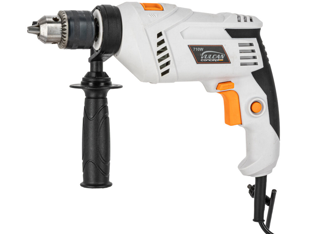 Wiertarka udarowa VULCAN CONCEPT VZW711 wiertarka na białym tle widoczna od przodu pod lekkim skosem dodatkowy uchwyt boczny zwiększa stabilność prowadzenia wiertarki poprawia bezpieczeństwo pracy główna rękojeść ma ergonomiczną konstrukcję antypoślizgową powłoką lepsza kontrola