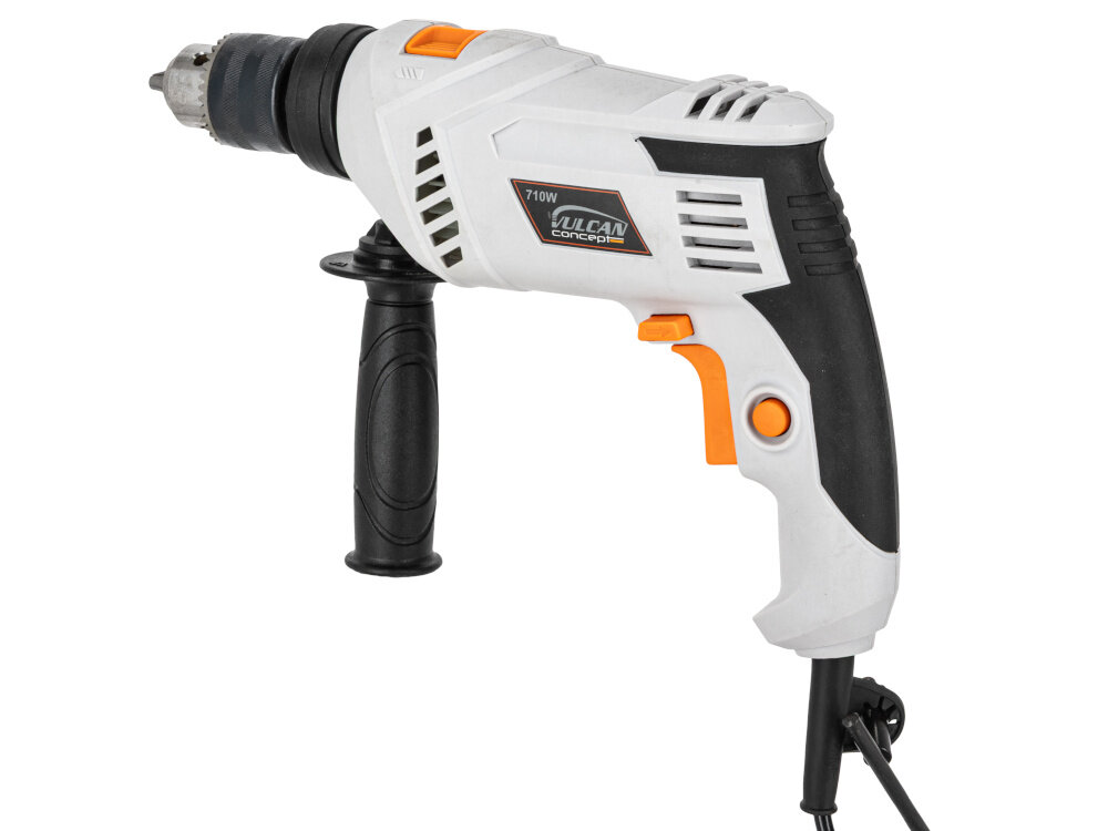 Wiertarka udarowa VULCAN CONCEPT VZW711 wiertarka na białym tle widoczna od tyłu pod lekkim skosem łożyska toczne redukują tarcie i zużycie elementów ruchomych trwałość urządzenia wiertarka pracuje płynnie i stabilnie użytkownik odczuwa mniejsze wibracje