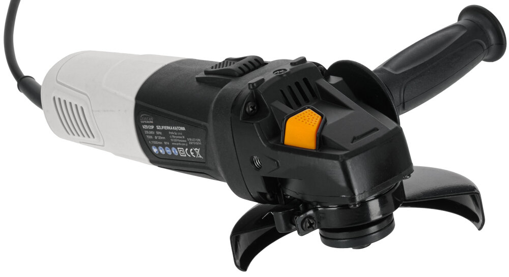 Szlifierka kątowa VULCAN CONCEPT VZS125P szlifierka na białym tle widoczna od przodu pod skosem silnik o mocy 750 W prędkość obrotowa do 11000 obr./min bez obciążenia przewód o długości 2 metrów mobilność bez użycia przedłużaczy stały dostęp do zasilania