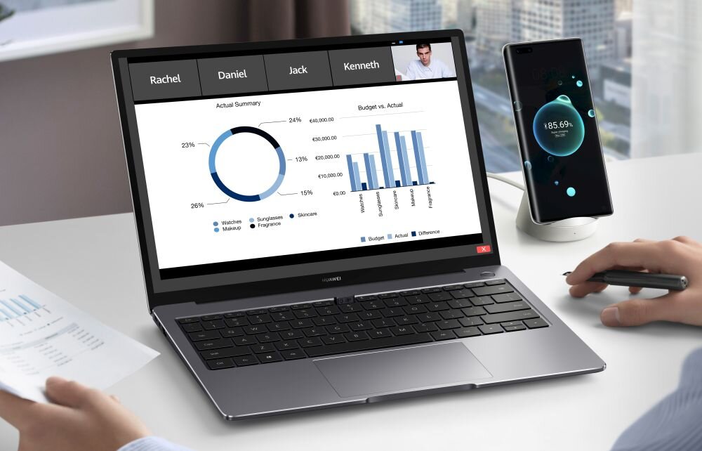 NOTEBOOK HUAWEI MATEBOOK 14 ekran wydajność grafika karta procesor taktowanie pojemność bateria ładowanie pamięć ram rom wyświetlacz rozdzielczość kamerka system klawiatura porty
