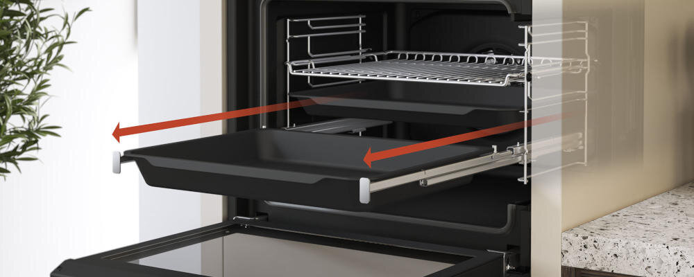 GRUNDIG GEBM19400DXHI prowadnice teleskopowe wygodne wysuwanie wsuwanie taca forma pieczenie łatwy dostęp piekarnik