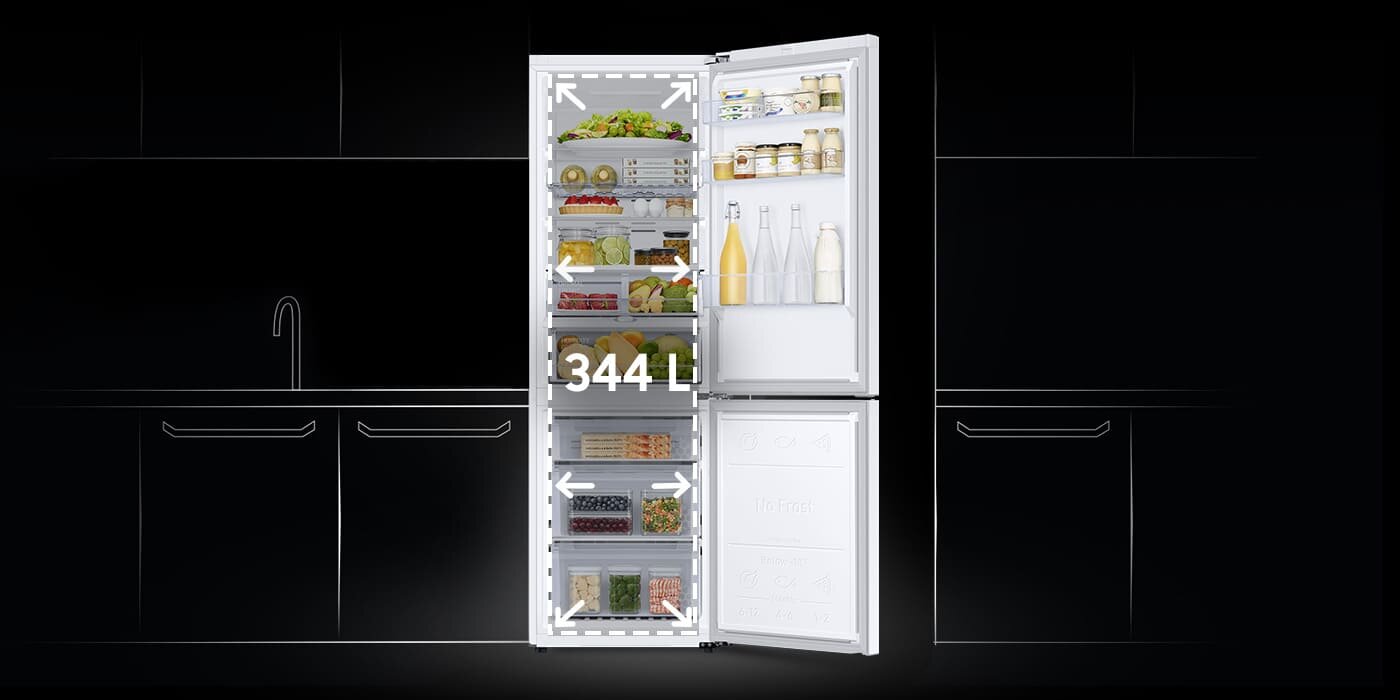Na grafice umieszczono informację o powiększonej pojemności lodówki Samsung RB34C675DWW dzięki zastosowaniu technologii SpaceMax™