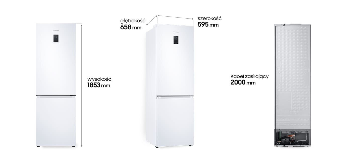 Pokazana i z trzech stron lodówka Samsung RB34C675DWW z opisanymi wymiarami dostępna w ofercie Media Expert