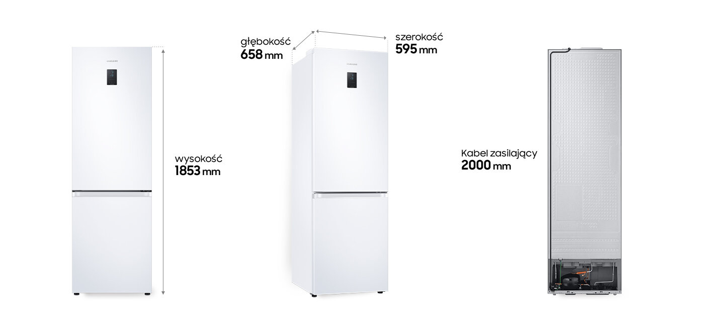 Obraz przedstawia białą lodówkę z oznaczeniami wymiarów: wysokość 1853 mm, głębokość 658 mm, szerokość 595 mm oraz długość kabla zasilającego 2000 mm.