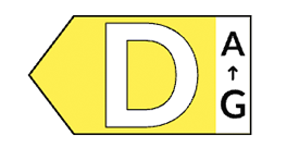 Etykieta energetyczna z dużą literą \'D\' na żółtym tle oraz skalą od \'A\' do \'G\'.